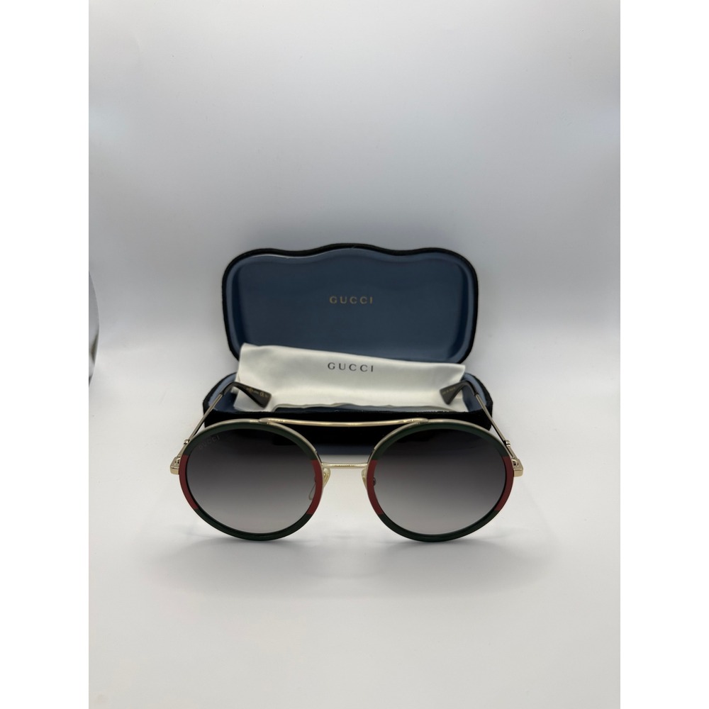 Gucci Round Sunglasses Green Red Gold Frame w/ Case